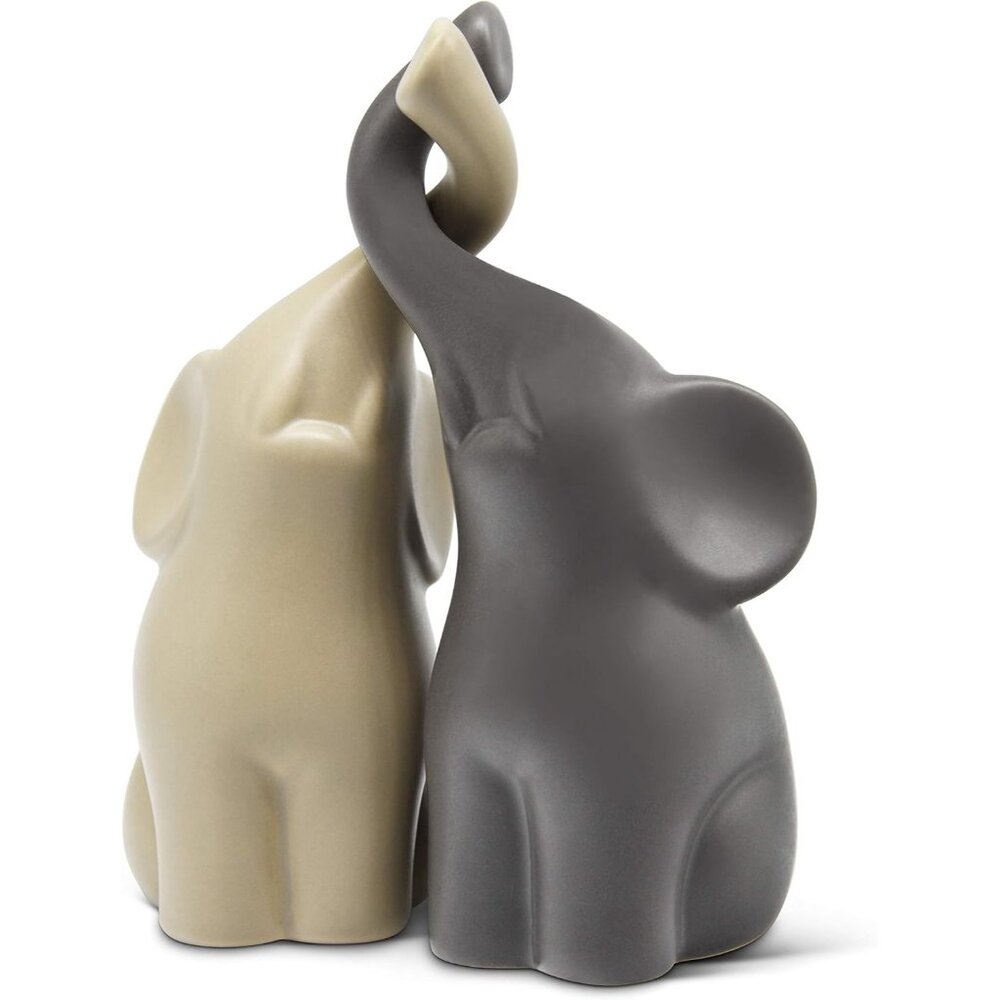 Loving Pair of Elephants in Beige & Grey Modern Ceramic Sculpture Figurine - Picture 1 of 6